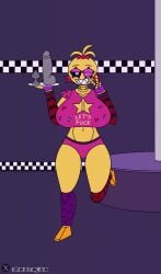 alternative_version cosplay five_nights_at_freddy's five_nights_at_freddy's_2 fnaf glamrock_chica_(fnaf) glamrock_toy_chica huge_breasts huge_thighs outfit robot robot_girl solo strip_game therobotnsfw toy_chica_(cyanu) toy_chica_(fnaf)