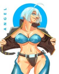1girls angel_(kof) big_breasts blue_eyes huge_breasts king_of_fighters light-skinned_female light_skin pale_skin panties short_hair smiling standing thick undressing voluptuous voluptuous_female white_hair