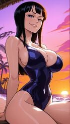 1girl 2026 2d absurd_res absurd_resolution absurdres ai_generated beach big_ass big_breasts black_hair blue_eyes blue_one-piece_swimsuit blunt_bangs breasts cleavage cloud covered_navel hi_res high_quality high_resolution highres image large_breasts lips long_hair looking_at_viewer mayrainart nico_robin ocean one-piece_swimsuit one_piece outdoors palm_tree patreon sitting sky smile solo straight_hair sunset swimsuit thighs tree uncensured
