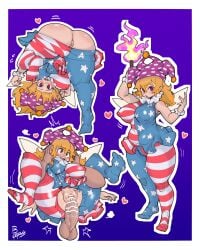 1boy 1girl absurdres aged_up ass bar_censor bent_over breasts censored clownpiece commentary_request curvy doctor5648 fairy fairy_wings hat heart hetero highres large_breasts looking_at_viewer orange_hair pantyhose plump sex short_hair striped_clothes striped_pantyhose surprised thick_thighs thighs torn_clothes torn_pantyhose touhou wings