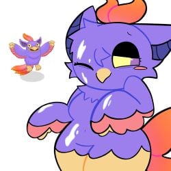 anthro bird cum cum_all_over curvy furry gradient_hair my_singing_monsters purple_fur reference_image requested tr3ebranch tweedle_(my_singing_monsters) yellow_sclera