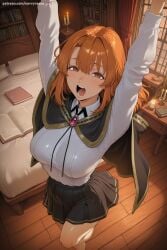 1girl ai_generated arms_up black_skirt blush book breasts candle colette_loire from_above fujimaru_ritsuka_(female) gem hi_res high_quality high_resolution indoors large_breasts long_sleeves looking_at_viewer open_mouth orange_hair patreon savvyraexo seductive sexy shirt skirt solo uncensored watermark white_shirt wooden_floor