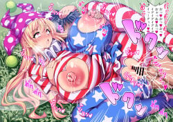 1boy 1girl aged_up ahegao bar_censor blonde_hair blush breasts censored clownpiece commentary_request commission cum cum_in_pussy cum_on_clothes dress heart heart-shaped_pupils hetero highres hijikawa_arashi huge_breasts large_areolae nipples pantyhose pixiv_commission sex striped_clothes symbol-shaped_pupils touhou translation_request