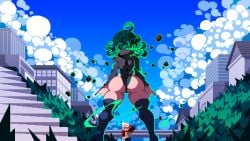 1boy 1girls artist_name ass back_view clothed color duo female green_eyes green_hair height_difference hips looking_at_another male one-punch_man outdoors pixel_art saitama tagme tamaco tatsumaki thick_thighs thighs white_outline wide_hips wind