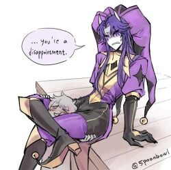 between_legs black_boots black_gloves blush blushing_at_another blushing_face choked choked_from_behind choking choking_partner choking_with_thighs dominant dominant_male dominated domination/submission head_between_thighs height_difference holding_legs jester_(the_freak_circus) pale_skin pale_skinned purple_clothes purple_clothing purple_eyes purple_hair self_upload submissive submissive_human the_freak_circus