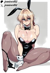 1girl ai_generated alternate_breast_size alternate_costume animal_ears artist_name averting_eyes bare_shoulders black_bow black_bowtie black_leotard black_panties blonde_hair blue_eyes body_writing bow bowtie braid breasts brown_pantyhose bunnysuit cleavage clothing detached_collar english_text fake_animal_ears feet female fishnet_legwear fishnet_pantyhose fishnets full_body gloves hair_between_eyes hair_intakes hair_ribbon highleg huge_breasts jennieart02 large_breasts legwear leotard looking_to_the_side no_shoes panties panties_around_one_leg pantyhose parted_lips patreon patreon_logo patreon_username playboy_bunny rabbit_ears red_ribbon ribbon sidelocks sitting solo spread_legs strapless strapless_leotard sweat thighs twitter twitter_logo twitter_username underwear violet_evergarden watermark white_gloves wrist_cuffs