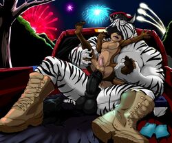 animal_genitalia animal_penis clothing duo equid equine equine_penis fireworks footwear genitals lutrine male male/male mammal mustelid night nude pandottermon penis plant shoes tree truck_(vehicle) vehicle vore zebra