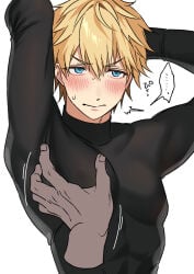 blonde_hair blue_eyes blush blushing chest chest_grab clothed disembodied_hand ex_albio male male_only nijisanji pec_grab pecs pectorals virtual_youtuber