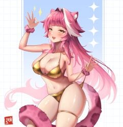 1girl absurdres animal_ears animal_print artist_logo bare_shoulders bikini bikini_bottom_pull blue_background blush breasts cleavage clothes_pull collarbone commentary english_commentary eyeshadow fang grid_background hair_intakes highres hololive hololive_english large_breasts leaning_to_the_side leopard_print logo long_hair looking_at_viewer makeup multicolored_hair navel ok_sign open_mouth panther_ears panther_girl panther_tail pink_hair pink_scrunchie pink_tail pulling_own_clothes raora_panthera red_eyeshadow scrunchie shiny_skin skin_fang smile solo sparkle stomach streaked_hair swimsuit tail tail_around_own_leg thigh_strap thighs virtual_youtuber white_background white_hair wrist_scrunchie yellow_bikini yellow_eyes