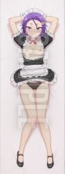 1girls ai_generated arms_up blush bokutachi_wa_benkyou_ga_dekinai breasts clothed clothing dakimakura female full_body hi_res high_resolution highres kominami_asumi lying lying_on_back maid maid_headdress maid_outfit naughty_face nipples panties patreon purple_eyes purple_hair sleeplessnighty small_breasts solo solo_focus tagme watermark