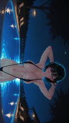 1girl 2026 2d absurd_res absurd_resolution absurdres ai_generated armpits arms_behind_head arms_up big_breasts black_hair black_one-piece_swimsuit blush breasts building closed_mouth collarbone fubuki_(one-punch_man) green_eyes hi_res high_quality high_resolution highres image large_breasts looking_at_viewer navel night night_sky one-piece_swimsuit one-punch_man outdoors patreon patreon_username pool short_hair sideways sky slingshot_swimsuit smile solo star_(sky) starry_sky swimsuit tree uncensured water watermark wet wienergens