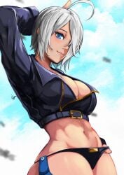 1girls angel_(kof) big_breasts blue_eyes huge_breasts king_of_fighters light-skinned_female light_skin momo_juice pale-skinned_female pale_skin panties short_hair thick white_hair