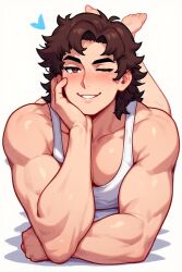 1boy ai_generated biceps blush brown_hair curly_hair feet feet_up holding_head looking_at_viewer muscular_male one_eye_closed pecs smile