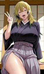 1girls ai_generated big_boobs big_breasts curvy curvy_female curvy_figure huge_breasts jujutsu_kaisen kimono large_breasts light-skinned_female light_skin looking_at_viewer mature_female open_mouth shao145 shiny_skin solo solo_female tongue tongue_out zenin_naoya