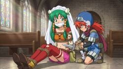 1boy 1girl ai_generated arms_tied_behind_back blue_eyes bondage bound_ankles bound_legs cutting_rope feena flower_in_hair gag gagged grandia green_eyes green_hair justin_(grandia) over_the_mouth_gag red_hair sitting_on_ground wedding_veil