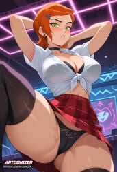 1girls ai_generated artoonizer ass ben_10 big_ass big_breasts black_bra black_panties blush bra breasts cameltoe cartoon_network choker earrings female ginger ginger_hair green_eyes gwen_tennyson gwen_tennyson_(classic) hairclip hand_on_head jewelry lace lace-trimmed_bra lace-trimmed_panties legs_apart legs_spread light-skinned_female light_skin lingerie looking_at_viewer navel one_leg_up orange_hair panties parted_lips patreon patreon_username plunging_neckline posing pussy red_hair red_skirt school_uniform schoolgirl shiny_skin shirt short_hair short_sleeves skirt solo solo_female solo_focus standing stomach stud_earrings thick_hips thick_thighs thighhighs underwear viewed_from_below white_shirt wide_hips