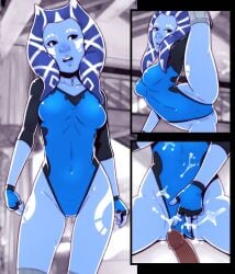1boy 1girl alien blue_gloves blue_leotard blue_skin breasts colored_skin commentary covered_navel cum cum_on_clothes dark_penis dave_cheung english_commentary fingerless_gloves gloves hetero highres kelana_rin_(dave_cheung) leotard medium_breasts multiple_views penis star_wars togruta