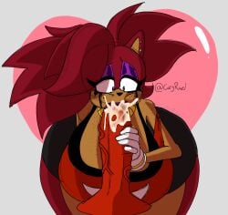 big_penis blowjob cozy_rael cum_in_mouth disembodied_penis echidna hedgehog holding_penis huge_breasts huge_cock knuckles_the_echidna laya_(cozyrael) makeup mouthful precum purple_lipstick red_fur runny_makeup sega shocked_expression sonic_(series) thick_thighs veiny_penis