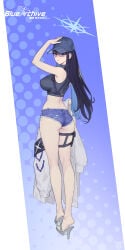 1girl absurdres adjusting_clothes adjusting_headwear alt_text alternate_costume ass baseball_cap black_hair black_tank_top blue_archive blue_eyes blue_hair blue_hat blue_shorts breasts coat commentary_request copyright_name crop_top cutoffs denim denim_shorts dimples_of_venus full_body grey_sandals halo hat high_heel_sandals high_heels highres holding holding_coat holding_unworn_clothes holster ki_min-woo kneepits large_breasts long_hair looking_at_viewer making-of_available median_furrow micro_shorts sandals saori_(blue_archive) shorts solo tank_top thigh_holster unworn_coat very_long_hair white_coat