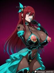 1girl ai_generated big_breasts blue_lipstick bodysuit brown_eyes corrupted corruption erza_scarlet evil evil_eyes evil_face evil_grin evil_smile eyeshadow fairy_tail gradient_hair hairband hand_to_own_mouth huge_breasts lipstick long_hair looking_at_viewer magical_girl magical_girl_outfit multicolored_hair omega_weirdo patreon pierced_nipples red_hair seductive_pose skirt sleeve_gloves smug solo solo_female solo_focus standing tattoo