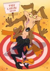 2025 4_fingers absurd_res anal anal_orgasm anal_penetration anatid anseriform anthro anti_dev arm_tuft avian bait balls beak bird black_body black_feathers black_nose bodily_fluids brown_body brown_fur canid canine canis colored coyote cum cumshot daffy_duck digital_drawing_(artwork) digital_media_(artwork) duck duo ejaculation elbow_tuft english_text erection feathers feet fingers flying_sweatdrops from_front_position fur genital_fluids genitals half-closed_eyes hands-free hi_res high-angle_view humanoid_genitalia humanoid_penis kneeling kneeling_sex looking_pleasured looney_tunes lying male male/male male_penetrated male_penetrating male_penetrating_male mammal membrane_(anatomy) missionary_position narrowed_eyes nude on_back orange_beak orange_legs orgasm outside outside_sex penetration penile penile_penetration penis penis_in_ass pink_tongue sex shadow sign signpost spread_legs spreading sweat sweatdrop target text text_on_sign toes tongue tongue_out tuft uvula warner_brothers webbed_feet wile_e._coyote yellow_sclera