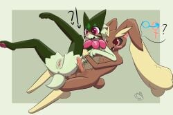 absurd_res anthro anthro_on_anthro anus balls blush darkened_genitalia duo feeshyartist felid feline female female_symbol femboy gender_symbol generation_4_pokemon generation_9_pokemon genitals heart_eyes heart_symbol hi_res holding_partner humanoid_genitalia humanoid_penis imminent_sex lagomorph legs_up lopunny male male/female male_symbol mammal meowscarada nintendo penis pokemon pokemon_(species) presenting presenting_vulva requesting sex_request symbol vulva