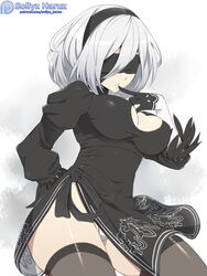 blindfold breasts cleavage female headband highres hips nier nier:_automata sollyz white_hair yorha_2b