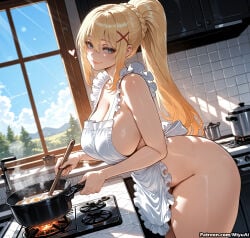 1girl ai_assisted ai_generated apron blonde_hair blue_eyes blush braid breasts cleavage curvaceous curvy curvy_female curvy_figure darkness_(konosuba) female hair_ornament hairclip heart indoors konosuba large_breasts long_hair looking_at_viewer miyuai ponytail sky smile solo thick thick_ass thick_butt thick_hips thick_legs thick_thighs voluptuous voluptuous_female wide_hips wide_thighs window x_hair_ornament
