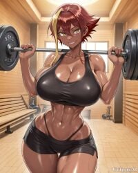 1girl 2d abs ai_generated anime_style barbell black_shorts black_sports_bra blonde_streak confident detailed_eyes detailed_face grippyai gym high_quality huge_breasts looking_at_viewer muscular_female red_hair reincarnation_coliseum shiny_skin short_hair smile solo standing sweat thick_thighs toned_body weightlifting wide_hips wooden_room yellow_eyes