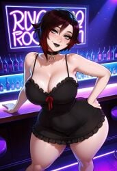 1girls ai_generated bat big_breasts black_lipstick choker cleavage curvaceous curvy_female dreamcoreart dress eyes female female_only gray_eyes hand_on_hip indoors large_breasts light-skinned_female light_skin lipstick looking_at_viewer minidress red_hair ruby_rose rwby short_hair thick thick_thighs voluptuous voluptuous_female wide_hips