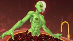 1girls abs black_lipstick breasts disney disney_channel dr.korr female female_only freckles green_skin lava lava_bath lord_dominator magma nipples red_eyes solo wander_over_yonder white_hair