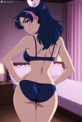 1girl ai_generated ass back bed bedroom black_hair blue_bra blue_hair blue_panties blush bow bra breasts closed_mouth cowboy_shot curtains digitalwaifugallery frills from_behind futari_wa_precure_splash_star hair_ribbon hands_on_own_hips hi_res high_quality high_resolution indoors lamp long_hair looking_at_viewer looking_back medium_breasts mishou_mai multicolored_hair on_bed panties patreon pillow pink_eyes ponytail purple_eyes ribbon seductive sexy shoulder_blades smile solo standing thigh_gap uncensored underwear underwear_only watermark
