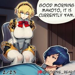 1boy 1girl 2026 2d absurd_res absurd_resolution absurdres aegis_(persona) ai_generated aigis_(persona) android bed blonde_hair blue_eyes blue_hair bow bowtie breasts chair closed_mouth comic english_text goonie_bear grey_eyes hair_over_one_eye headphones hi_res high_quality high_resolution highres image joints large_breasts looking_at_another lying makoto_yuki meme on_back patreon patreon_username persona persona_3 red_bow red_bowtie robot_joints short_hair sitting sleeping smile twitter_username uncensured watermark yuuki_makoto_(persona_3)