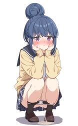 1girl absurdres anus black_pantyhose black_sailor_collar blue_hair blue_skirt blush brown_shoes clothes_pull commentary_request embarrassed full_body hair_bun highres loafers looking_at_viewer motosu_school_uniform neckerchief panties panty_pull pantyhose pantyhose_pull peeing plaid_clothes plaid_skirt purple_eyes sailor_collar school_uniform setteiset shima_rin shoes short_hair sidelocks simple_background skirt solo squatting sweater underwear white_background white_neckerchief white_panties yellow_sweater yurucamp