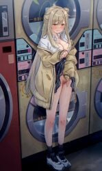 1girl blue_archive blush breasts clothes_lift commentary_request female_masturbation fingering full_body green_eyes halo highres large_breasts laundromat lifting_own_clothes long_hair masturbation no_panties nonomi_(blue_archive) open_mouth pussy_juice shirt shoes skirt skirt_lift sneakers solo washing_machine white_shirt yukimuramaru
