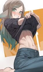 1girl 1girls animal_ears black_bra black_shirt blush bra breasts brown_hair chorogon clothes_lift commission earrings feet green_eyes grin highres jewelry mole mole_under_eye original original_character skeb_commission star_(symbol) stomach underwear undressing