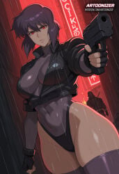 1girls ai_generated artoonizer ass belt big_ass big_breasts breasts female female_focus female_only gauntlets ghost_in_the_shell gun handwear holding_gun holding_weapon jacket kusanagi_motoko large_breasts legs_together leotard light-skinned_female light_skin looking_at_viewer narrow_waist navel neon neon_lights outdoors patreon patreon_username posing purple_hair rain raining red_eyes serious_look shiny_skin short_hair solo solo_female solo_focus standing thick_thighs thighhighs tight_clothing