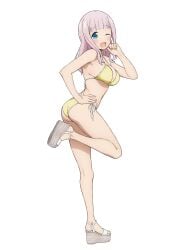 1girls ass big_breasts bikini bikini_bottom bikini_top blush bottomwear breasts cleavage coro_fae female female_only footwear fujiwara_chika full_body hair hand_on_hip kaguya-sama_wa_kokurasetai_~tensai-tachi_no_renai_zunousen~ legs long_hair one_eye_closed pink_hair sandals smile solo solo_female swimwear thighs topwear white_background wink winking yellow_bikini
