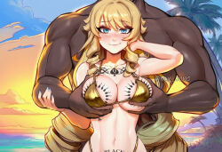 1boy 1boy1girl 1girl 1girl1boy 1girls ai_assisted ai_generated artist_name bare_shoulders beach bikini blacked blacked_female blacked_tattoo blonde_hair blue_eyes blue_nails blush breasts cleavage cloud dark-skinned_male dark_skin drill_hair english_text fingernails genshin_impact grabbing_another's_breast grabbing_from_behind groping hetero hoyoverse interracial large_breasts long_hair looking_at_viewer mihoyo nail_polish navel navia navia_(genshin_impact) nay_juno nervous_smile no_headwear outdoors palm_tree queen_of_spades sexy sexy_pose sidelocks sky smile snowbunny string_bikini swimsuit tattoo tattoos tattoos_everywhere upper_body very_dark_skin wavy_mouth