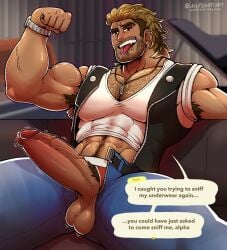 animal_crossing armpit armpit_hair balls bara big_penis body_hair boner erection facial_hair flexing gijinka kyle_(animal_crossing) male male_only muscles muscular nintendo penis penis_out sitting solo solo_male speech_bubble text_box tongue_out wolfshirtart