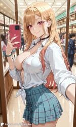 1girls ai_generated casual casual_nudity covered_nipples crowd encoder exhibitionism female indoors kitagawa_marin mirror mirror_selfie no_bra open_shirt public public_nudity school_uniform selfie shirt side_view skirt smartphone smile smiling sono_bisque_doll_wa_koi_wo_suru store taking_picture uncensored