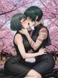 closed_eyes dark_clothing female female/female female_only french_kiss french_kissing girl_on_girl green_eyes green_hair half-closed_eyes hug hugging incest jujutsu_kaisen kissing kneeling lesbian making_out saliva saliva_trail shonen_jump sister sisters sisters_(lore) sitting sitting_on_person tongue tongue_kiss unknown_artist yuri zenin_mai zenin_maki