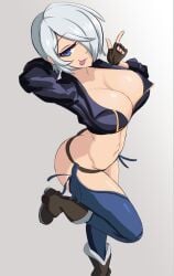 angel_(kof) aohadapeach big_breasts blue_eyes butt_crack cleavage fat_ass huge_breasts king_of_fighters light-skinned_female light_skin pale-skinned_female pale_skin panties short_hair smiling thick thick_ass tongue_out white_hair