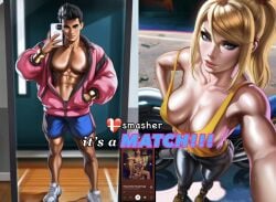1boy 1boy1girl 1girls ai_generated before_sex black_hair blonde_hair blue_eyes boyfriend-girlfriend breasts clothing crossover dating dating_app english english_text heart hetero jacket jewelry little_mac looking_at_viewer metroid mirror mirror_selfie modern_au motorcycle muscular muscular_male nintendo partially_clothed phone puffy_jacket punch_out samus_aran selfie smash_ball split_screen spotify straight suggestive suggestive_look suggestive_pose super_smash_bros. super_smash_bros._ultimate tank_top