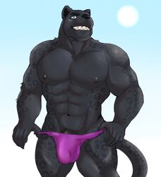 1boy 2021 abs anthro barazoku beastsauc3 bulge clothing felid gage_the_panther genitals hi_res looking_at_viewer male male_only mammal muscular muscular_anthro muscular_male navel nipples pantherine pecs penis simple_background smile solo standing thong underwear