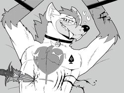 4:3 anthro bed blood bodily_fluids bondage bound collar cross cum fangs furniture furry genital_fluids gnull_(character) gore helelos_(artist) hyaenid inverted_cross knife male mammal monochrome queen_of_spades sabertooth_(anatomy) solo spade stab submissive submissive_male