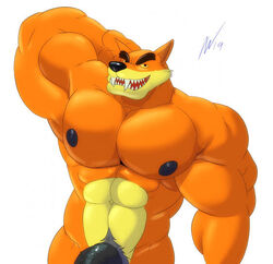 abs anthro biceps big_muscles big_pecs black_penis crash_(series) fangs furry_only humanoid_penis male_only mammal marsupial muscular_male nipples nude_female orange_fur pecs thylacine tiny_tiger veins video_games yellow_eyes