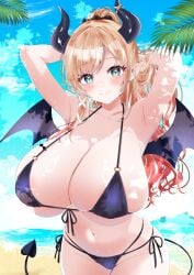 arms_behind_head bikini black_bikini blonde_hair blush breasts commentary_request curvy demon_girl demon_horns demon_tail demon_wings front-tie_bikini_top front-tie_top green_eyes highres hololive horns huge_breasts long_hair looking_at_viewer navel outdoors rota_kokko side-tie_bikini_bottom smile solo stomach swimsuit tail virtual_youtuber wings yuzuki_choco