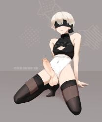 1boy balls big_balls big_penis blindfold blush clothing crossdressing daikitsune erect_penis erection femboy grey_background leotard leotard_aside light-skinned_male light_skin male male_only nier nier:_automata penis penis_out precum rear_view short_hair testicles thighhighs trap white_hair yorha_2b_(cosplay) yorha_9s