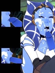 1boy 1girl alien blue_skin colored_skin cum cum_on_body dave_cheung facial fellatio hetero highres kelana_rin_(dave_cheung) multiple_views open_mouth oral star_wars togruta